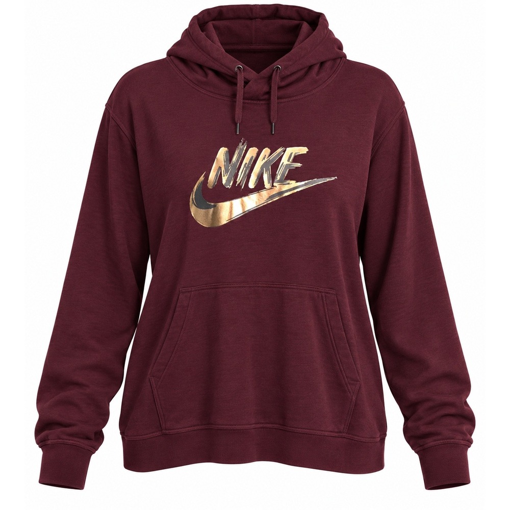 Nike Women Plus Size 2X Burgundy Hoodie Metallic Gold Logo Pullover Sweatshirt